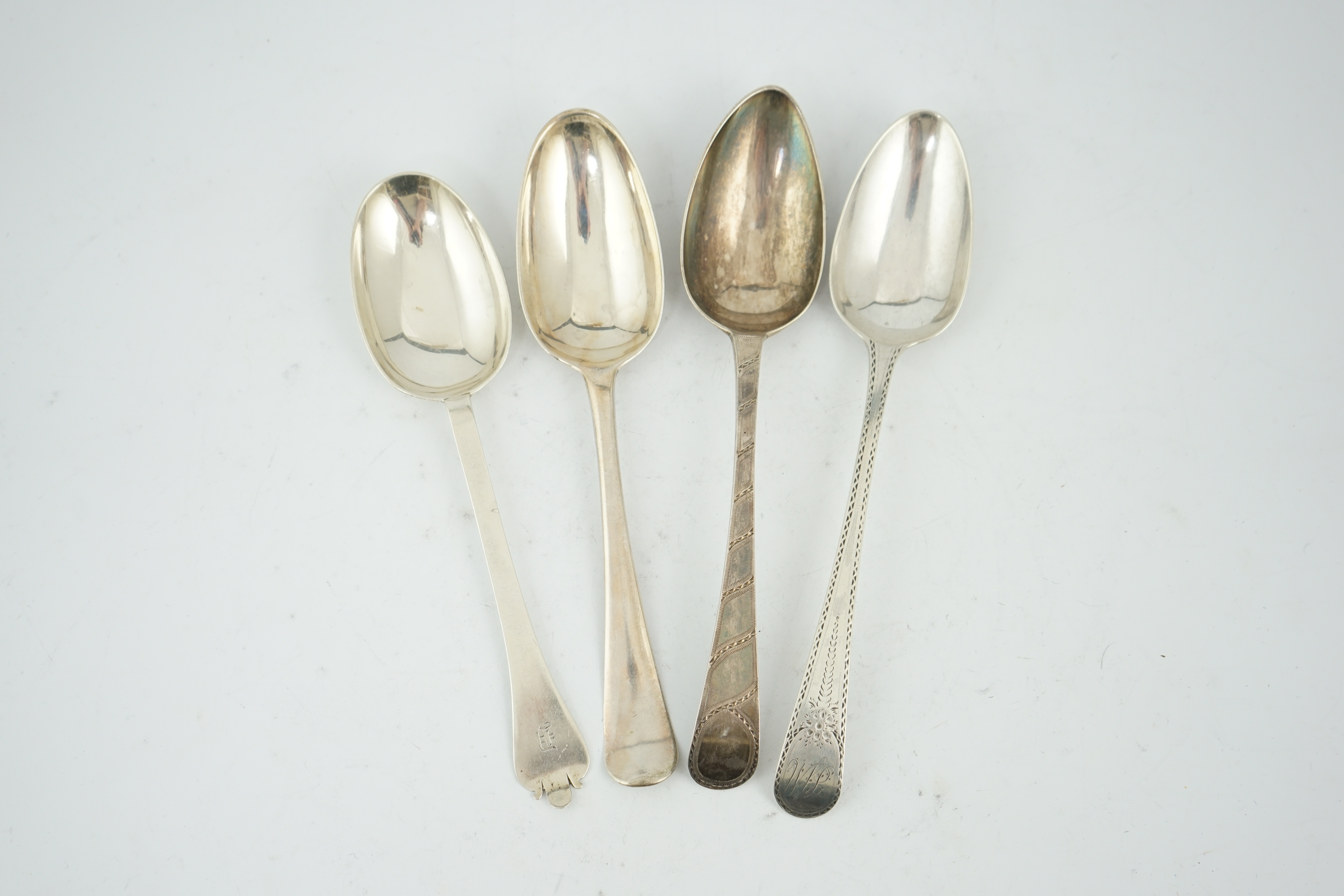 A collection of assorted 18th century and later silver table spoons, etc. various dates, patterns and makers, including a set of six Hanovarian pattern table spoons by Thomas Jackson I, London, 1742